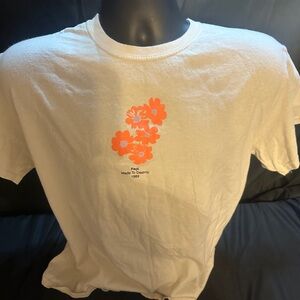 White T-Shirt with Orange Floral Design-fact made to destroy size L-#501